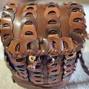 Brown Leather-Look Hobo bag with weave design